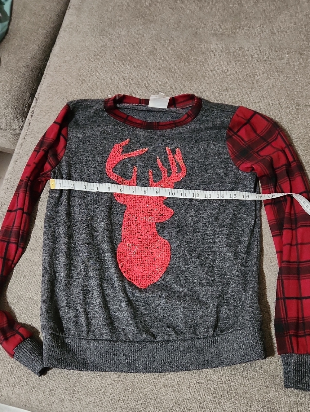 Gray Sweatshirt with Red Plaid Sleeves and Red Sequin Deer Graphic